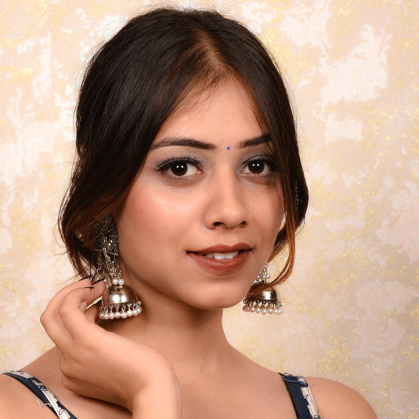 Ornapp Oxidized Jhumki Earrings with White Beads | Dainty Jewelry| Oxidized Range| Low cost