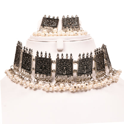Ornapp Oxidized Choker Necklace with White beats| Mainstream Jewelry| Oxidized Range
