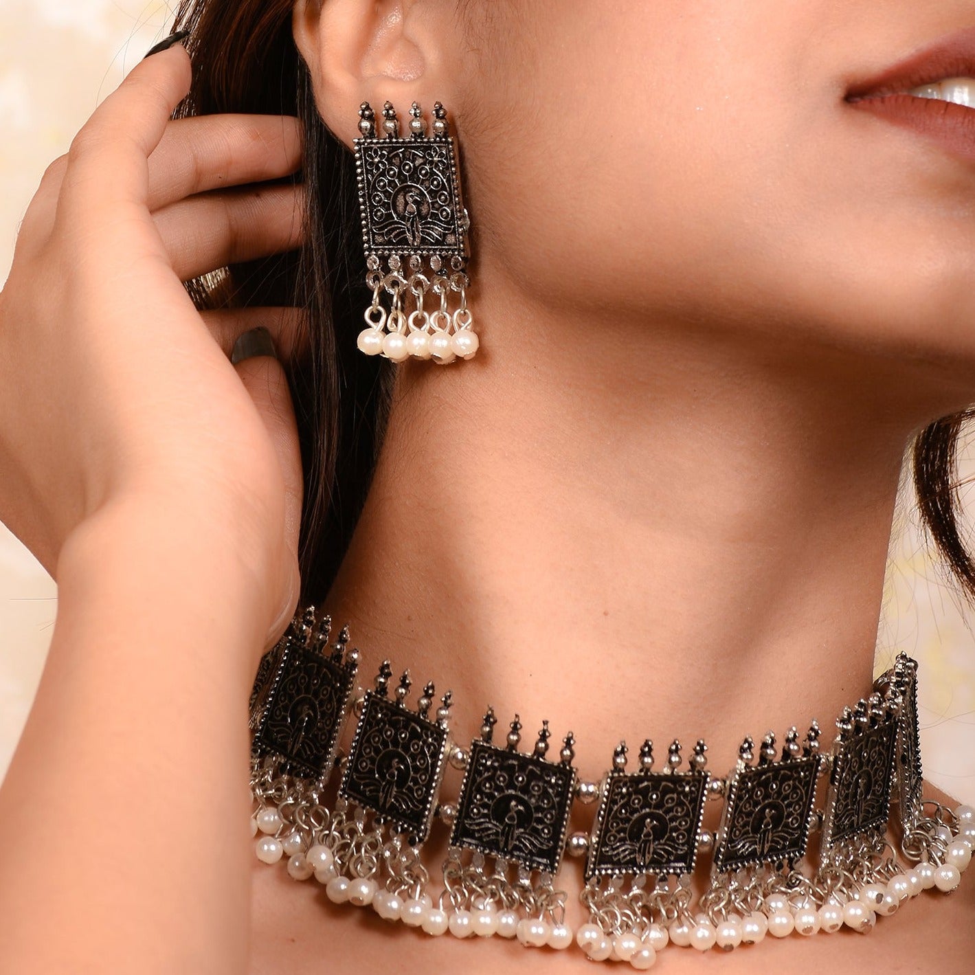 Ornapp Oxidized Choker Necklace with White beats| Mainstream Jewelry| Oxidized Range