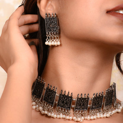 Ornapp Oxidized Choker Necklace with White beats| Mainstream Jewelry| Oxidized Range